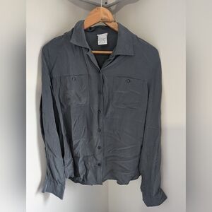 SMW 100% Silk Vintage Charcoal Grey Long Sleeve Button Down Blouse Medium